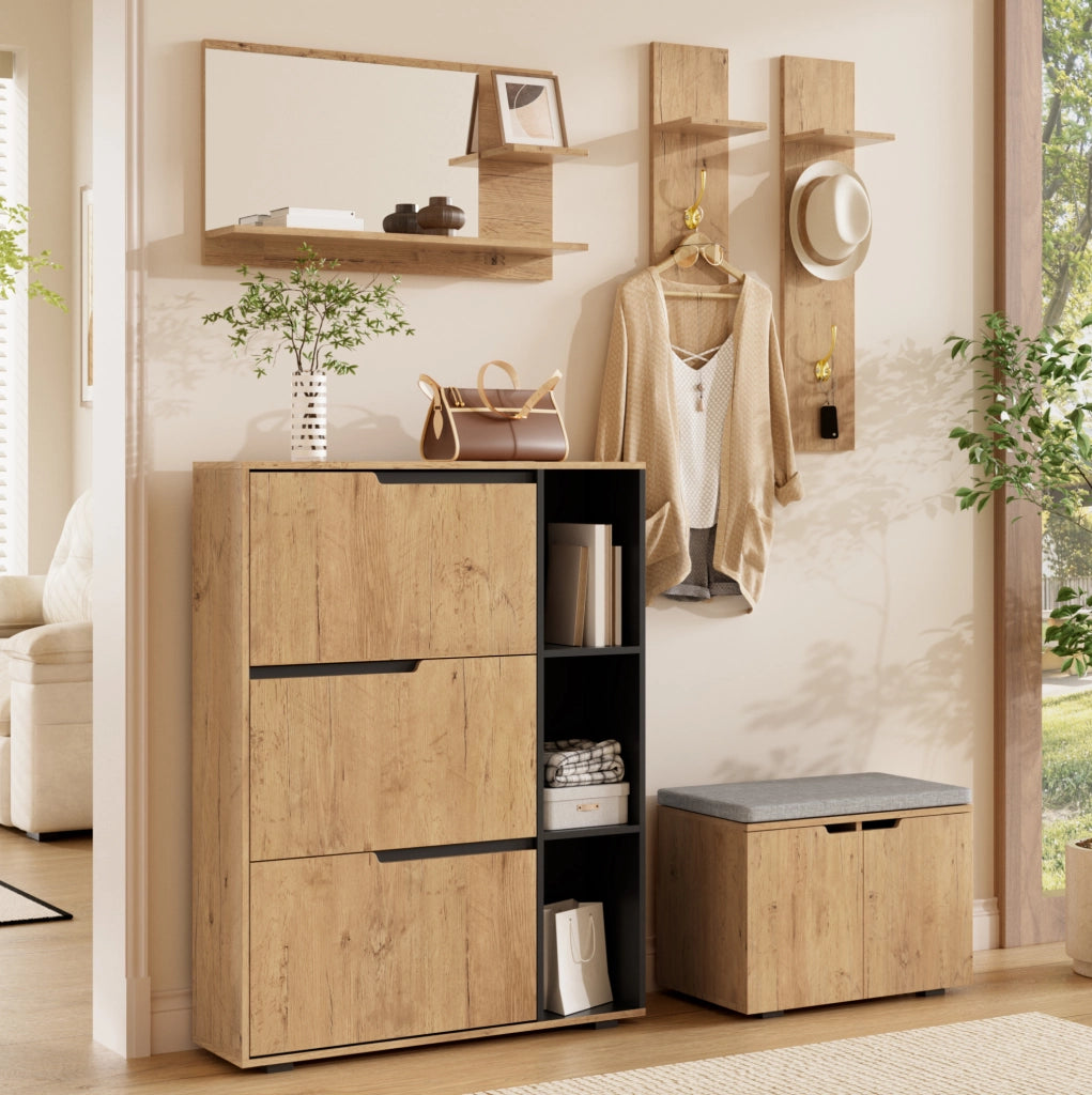 Set Appendiabiti con Specchio, Scarpiera e Panca Imbottita in Legno Nero 150x35x161,5 cm per Ingresso