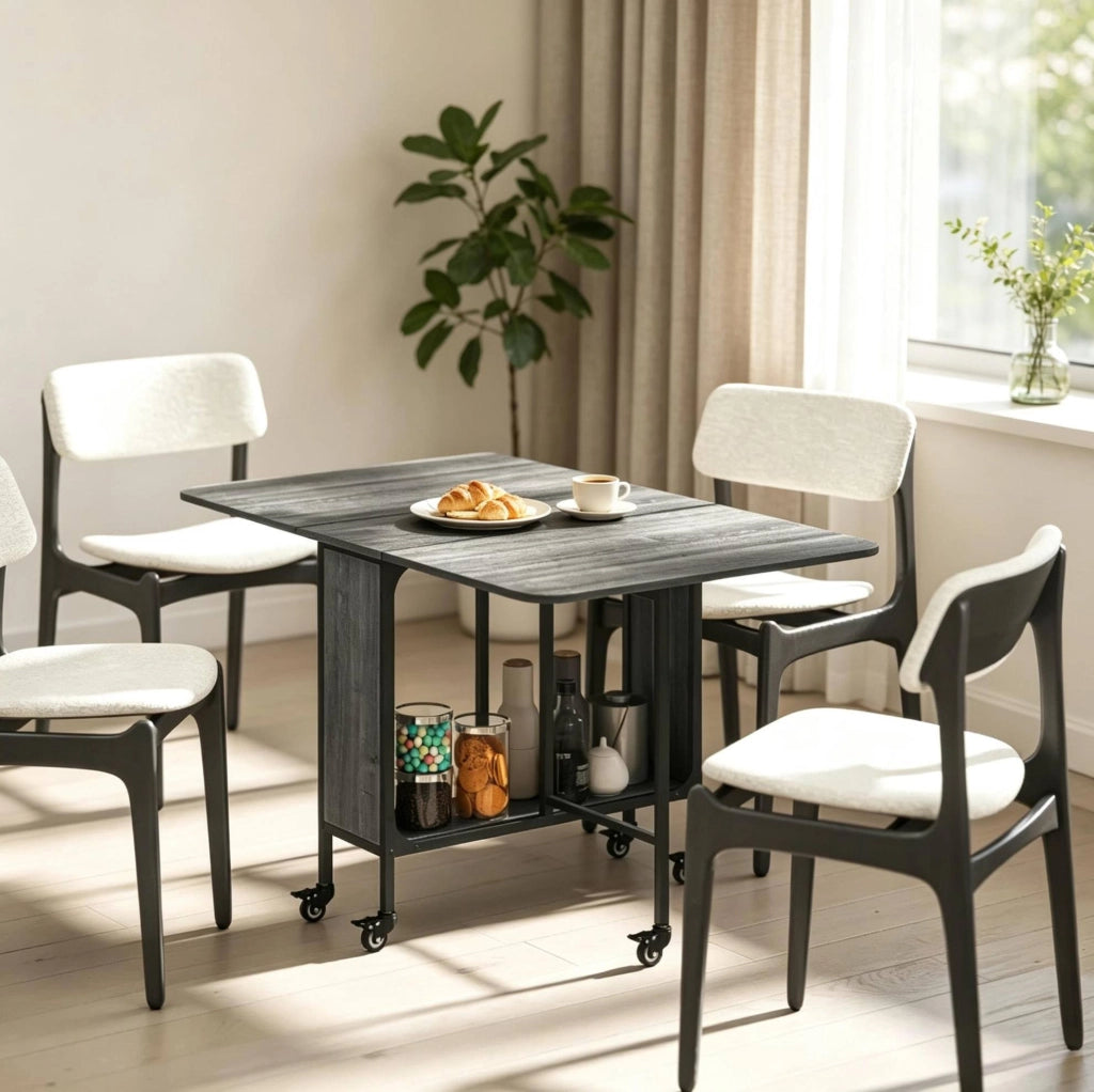 Tavolo da Pranzo Pieghevole con Ruote e Ripiano, Allungabile 130x80x74 cm, Grigio