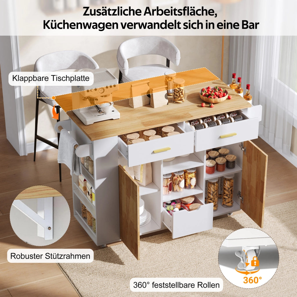 Isola da cucina mobile con piano ribaltabile; 3 cassetti e portaspezie a 3 livelli; bianco; 120x45(71)x90 cm