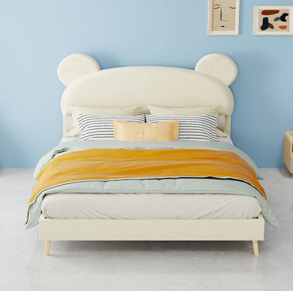 Letto Per Bambini Beige 140x200 cm con Testiera Morbida a Tema Orso e Materasso a Molle