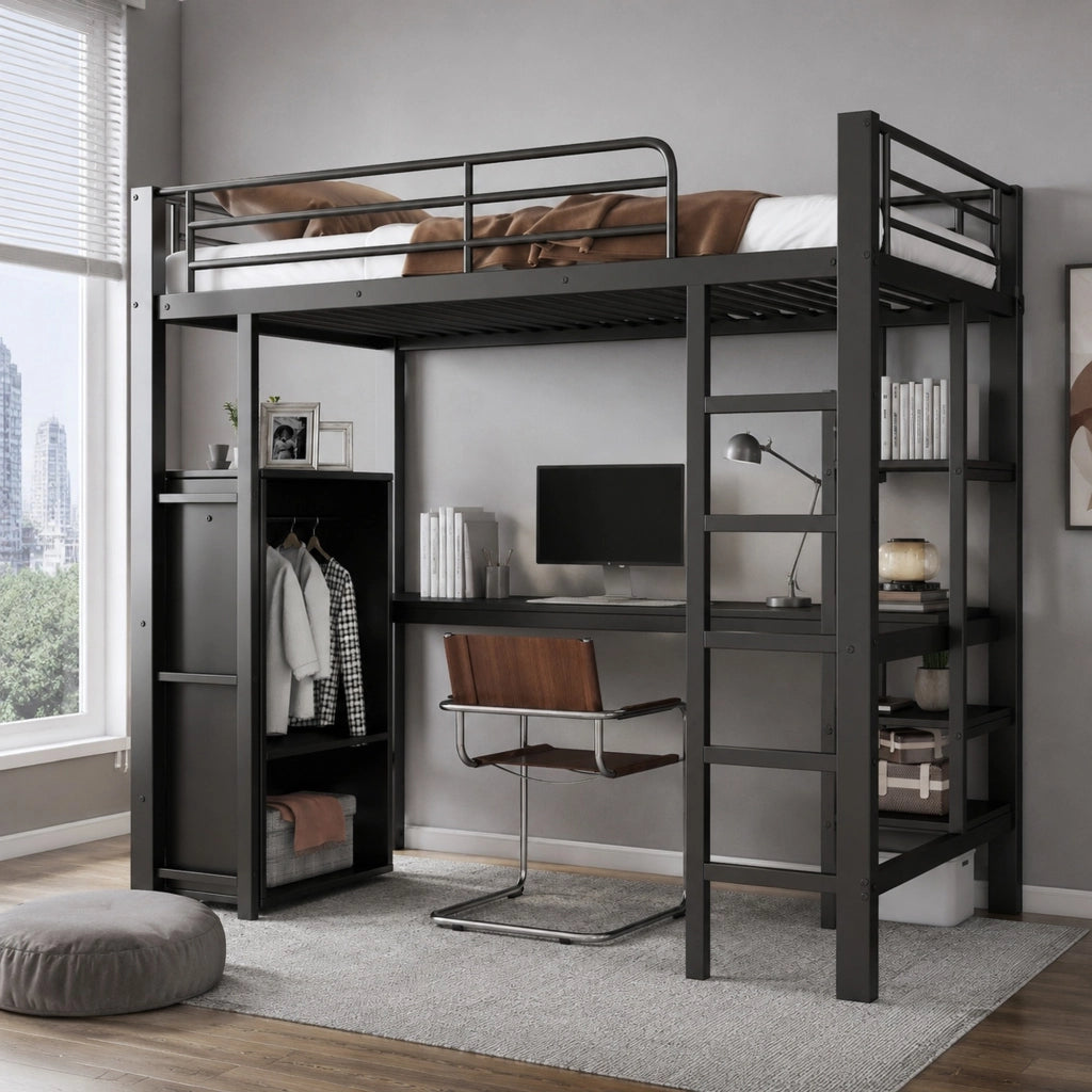 Letto a soppalco nero 90 x 200 cm con scrivania e armadio