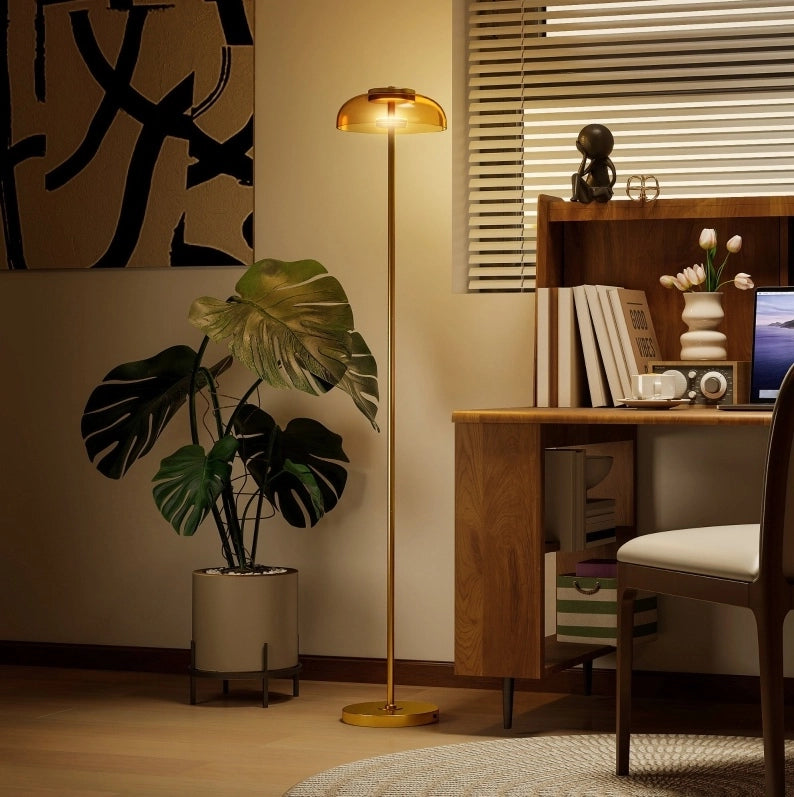Lampada da Terra LED per Soggiorno in Ottone con Luce Calda 3000K, Interruttore a Pedale, 25x25x134 cm