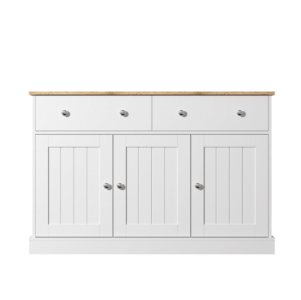 Credenza bianca e finitura legno con 3 ante e 2 cassetti