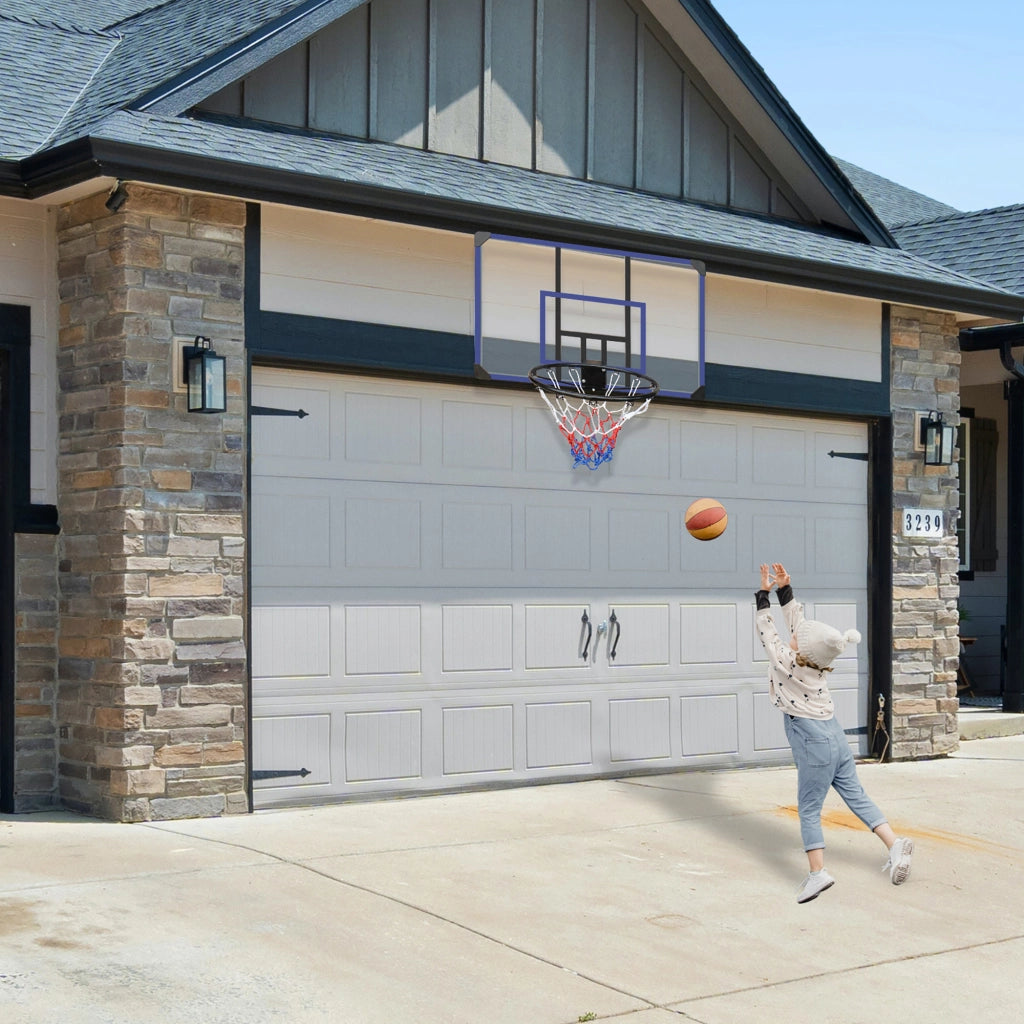 Canestro da basket da parete con tabellone 112 × 72 cm cerchio elastico da 45.72 cm nero e blu