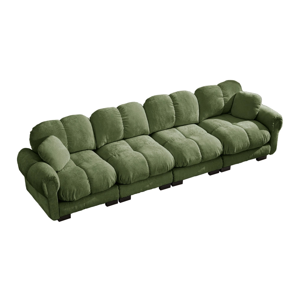 Divano modulare 330x86x90 cm in ciniglia verde con cuscini spessi