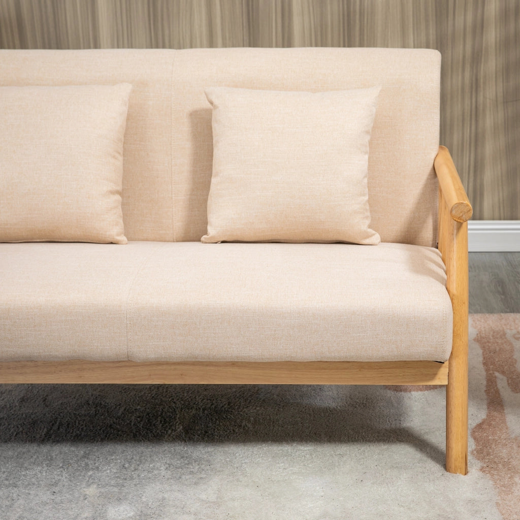 Divano 2 posti 123x69x74 cm imbottito con due cuscini in poliestere e legno della gomma beige