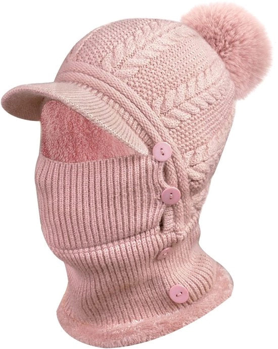Cappello di lana calda - Cappello invernale flessibile - Piumino soffice - Cappello con guantini - Visiera regolabile - Per uso esterno - Donna