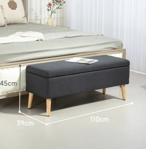 Panca contenitore imbottita in tessuto effetto lino, struttura in legno di caucciù, 110 x 39 x 45 cm, grigio scuro