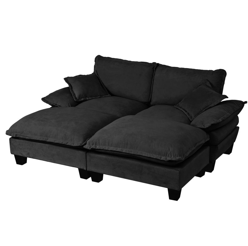 Divano modulare angolare Cloud in tessuto Chenille nero con 2 pouf mobili e 2 cuscini morbidi, 194x155x90 cm