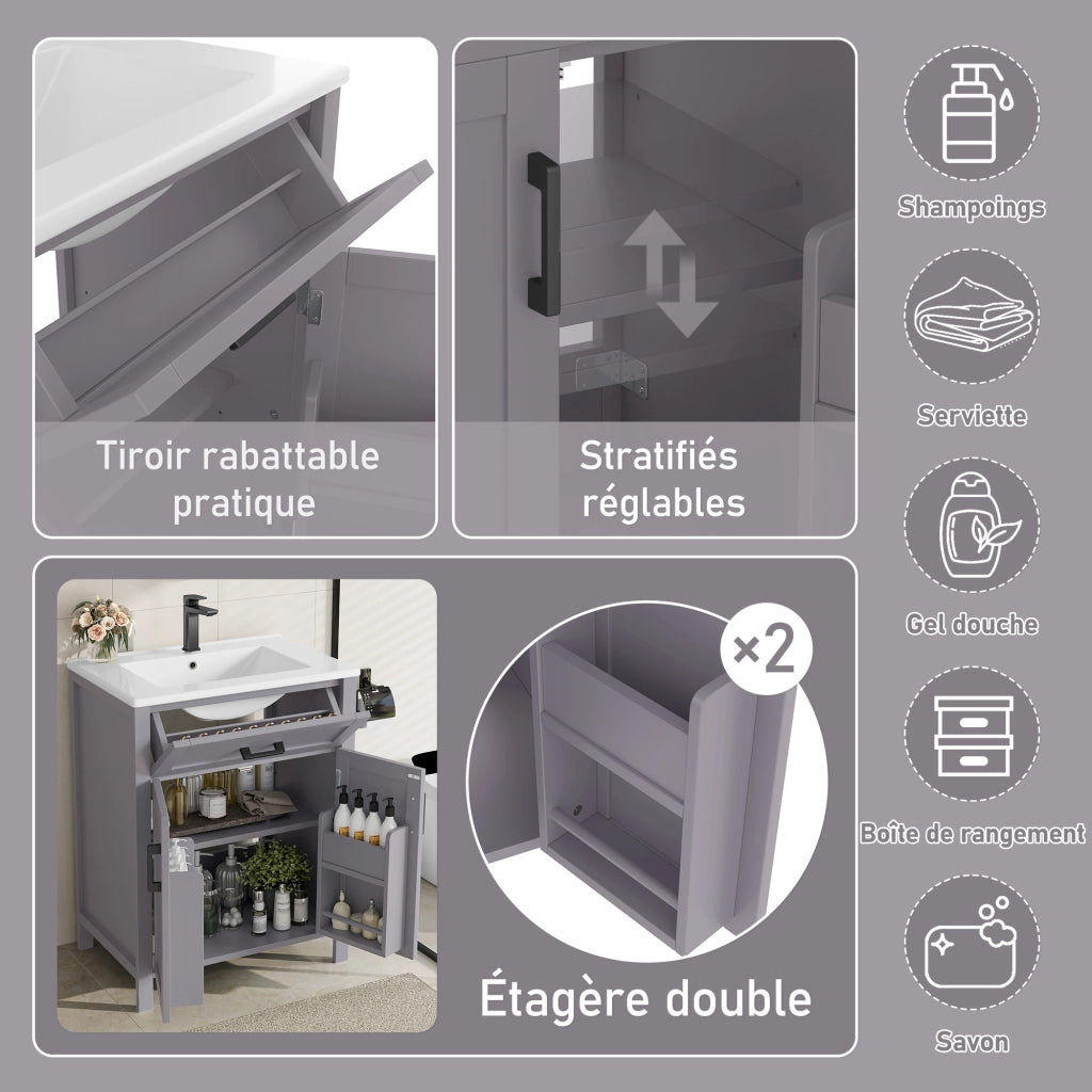 Mobile bagno da terra con lavabo in ceramica integrato, 60x46x84,8 cm, grigio, doppia anta, cassetti e ripiani regolabili