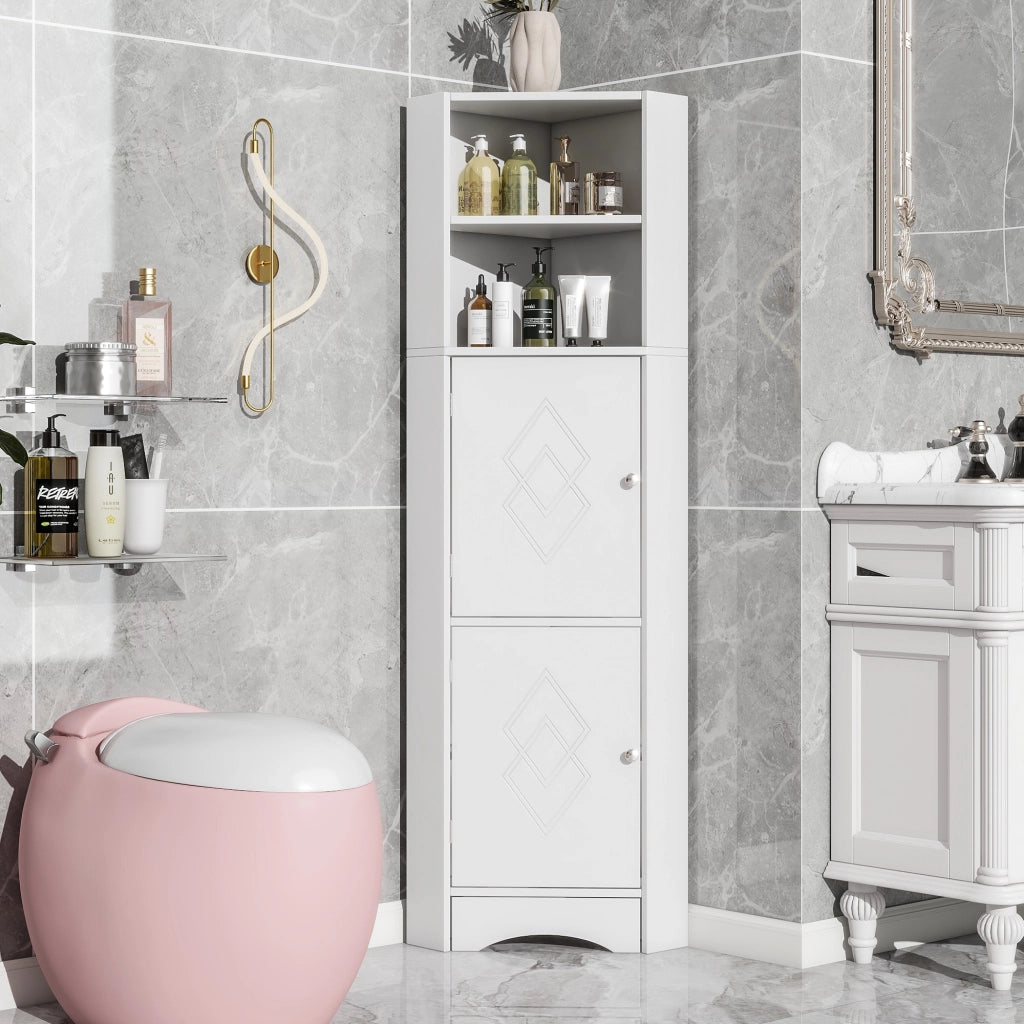 Armadietto da bagno angolare triangolare con vani aperti e ante in pannello truciolare bianco antiribaltamento
