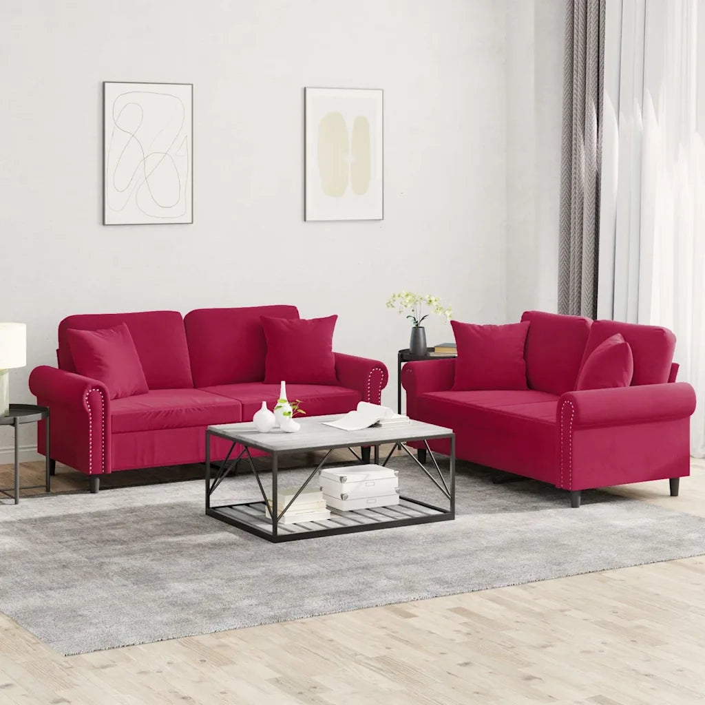 Set di Divani 2 pz con Cuscini Rosso Vino in Velluto