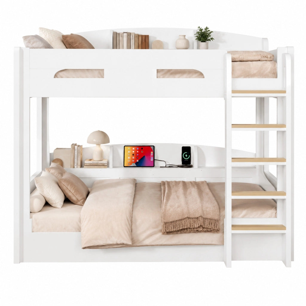 Letto a castello due posti 90 × 200 cm con presa USB e ripiani laterali in legno e MDF