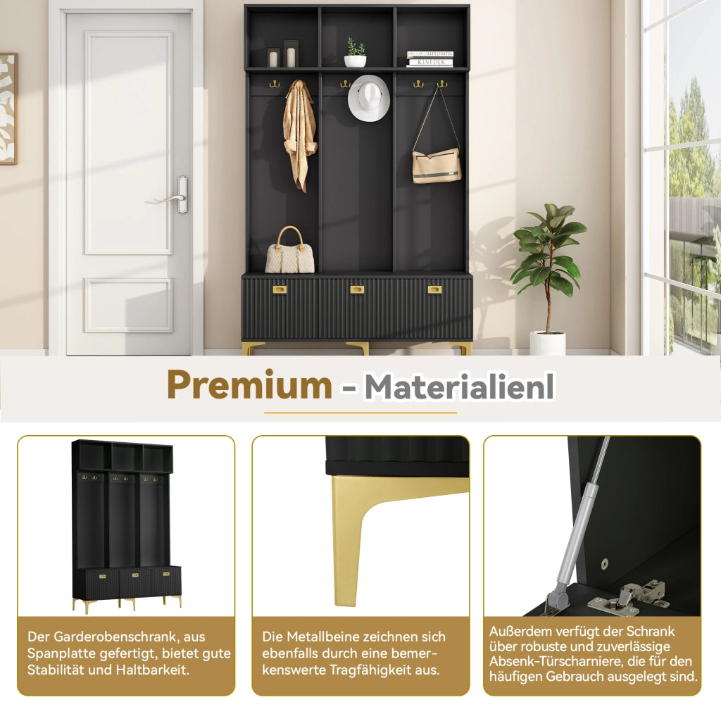 Mobile da ingresso con panca contenitore, 6 ganci dorati e ripiani per scarpe, nero, 120 × 23.5 × 191.5 cm
