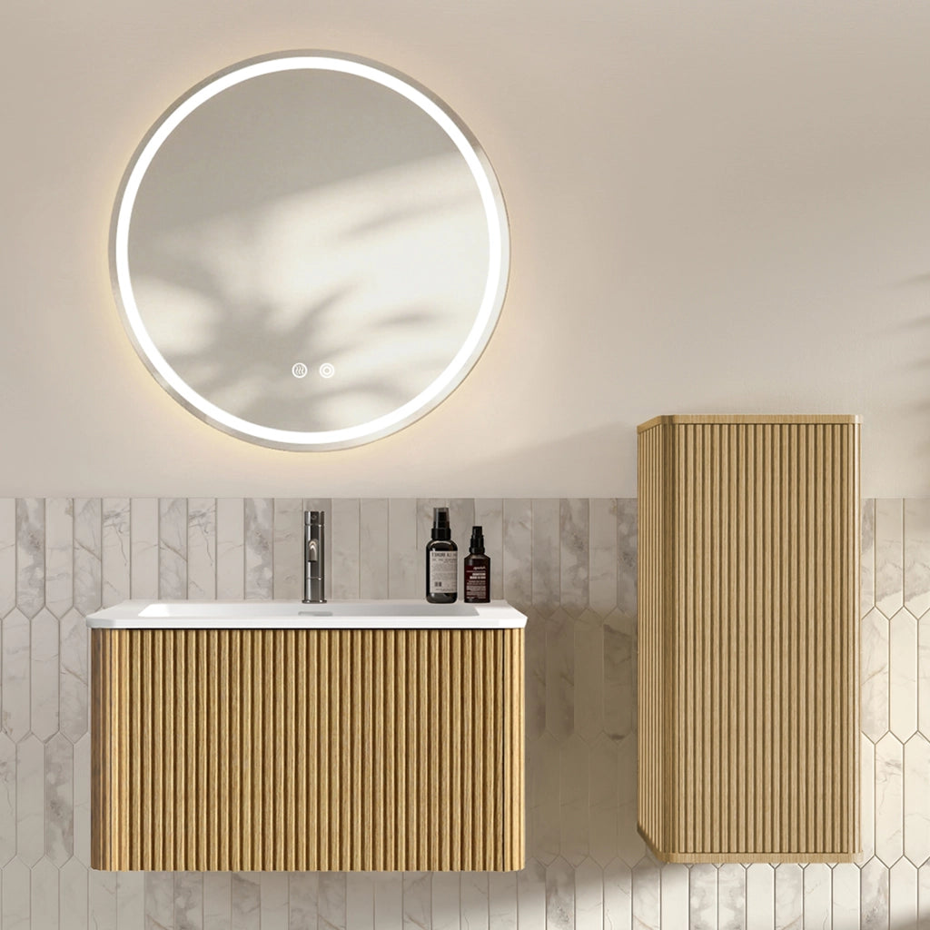 Mobile da bagno con lavabo, specchio LED e colonna - per bagno - in MDF e vetro - rovere