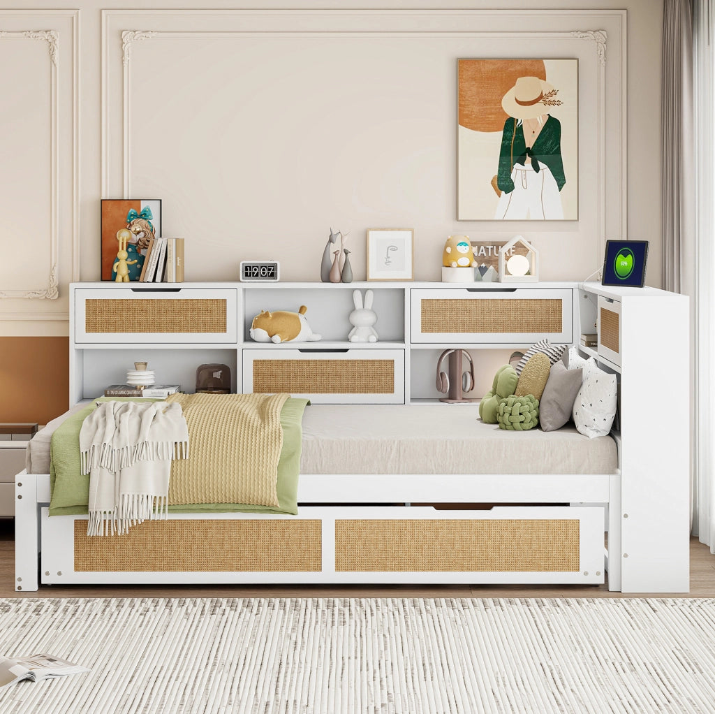 Letto divano 90x200 cm con letto estraibile e prese di ricarica in legno bianco