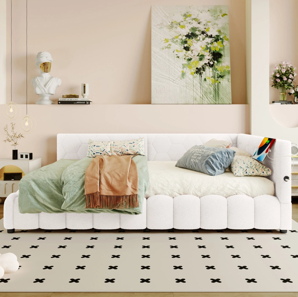 Daybed 140x200 cm con contenitore idraulico, LED, USB e Type-C, bianco