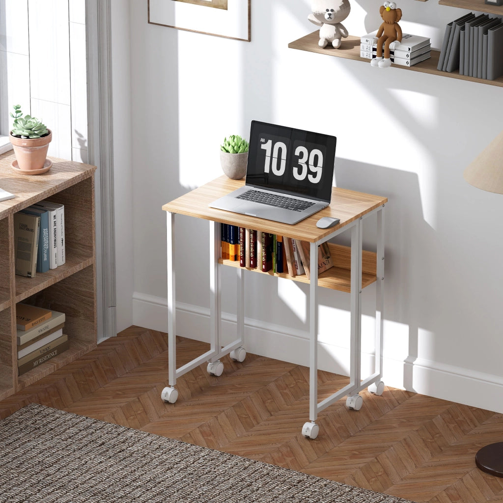 Bureau pliable sur roulettes 63 x 50 cm avec étagère et sac de rangement, bois naturel