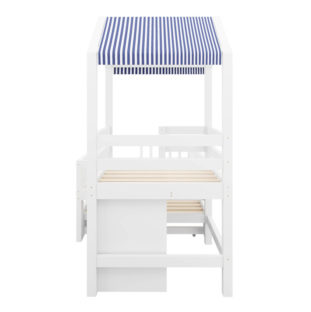 Letto per bambini a soppalco 90x200 cm con lettino estraibile 90x190 cm, struttura in legno massello bianco con scaletta laterale e cassettiera a 4 cassetti