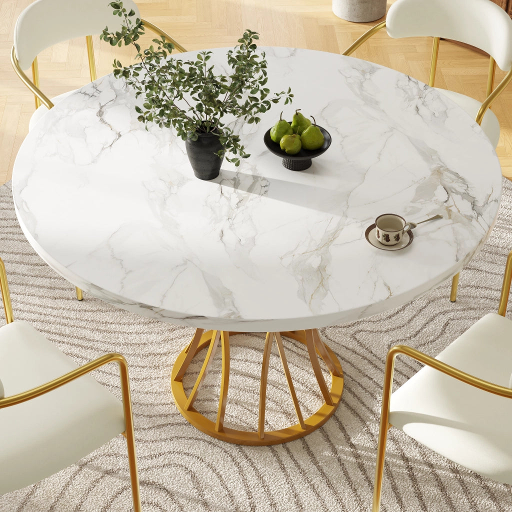 Tavolo da pranzo rotondo con piedini regolabili; piano effetto marmo; in MDF e metallo; 80 x 80 x 76 cm; oro