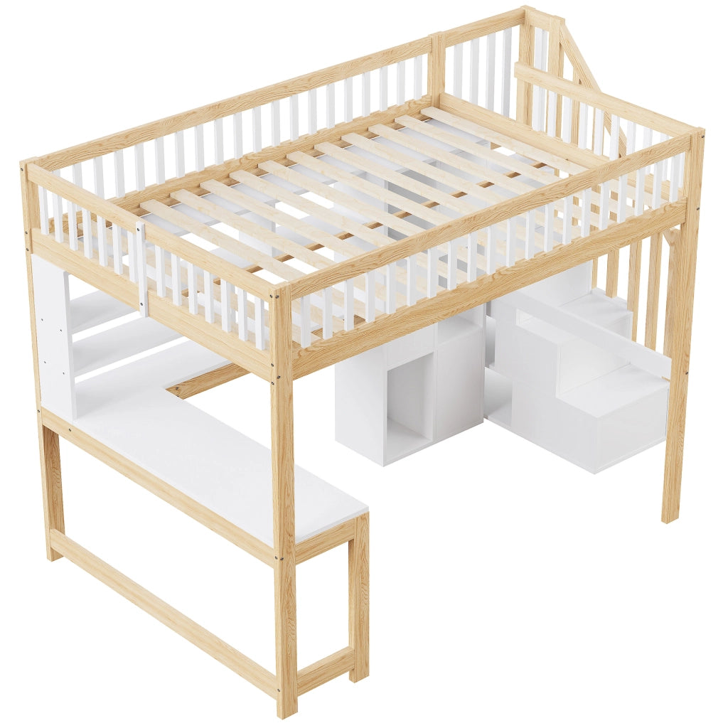 Letto a soppalco 140 × 200 cm 1 posto con LED; scala contenitore; mensole e scrivania; senza materasso