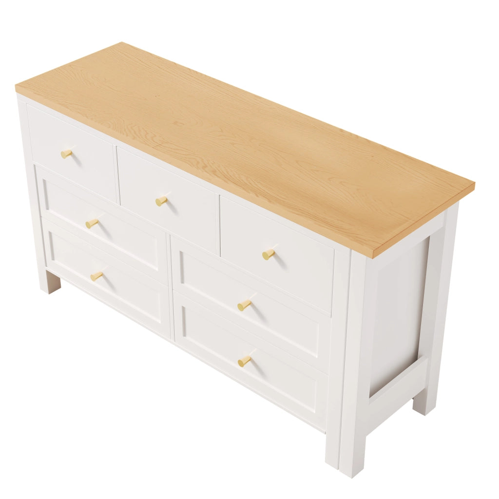 Scrivania angolare girevole con 7 cassetti piano a 360° in pannello truciolare bianco e rovere 120 × 40 × 70 cm