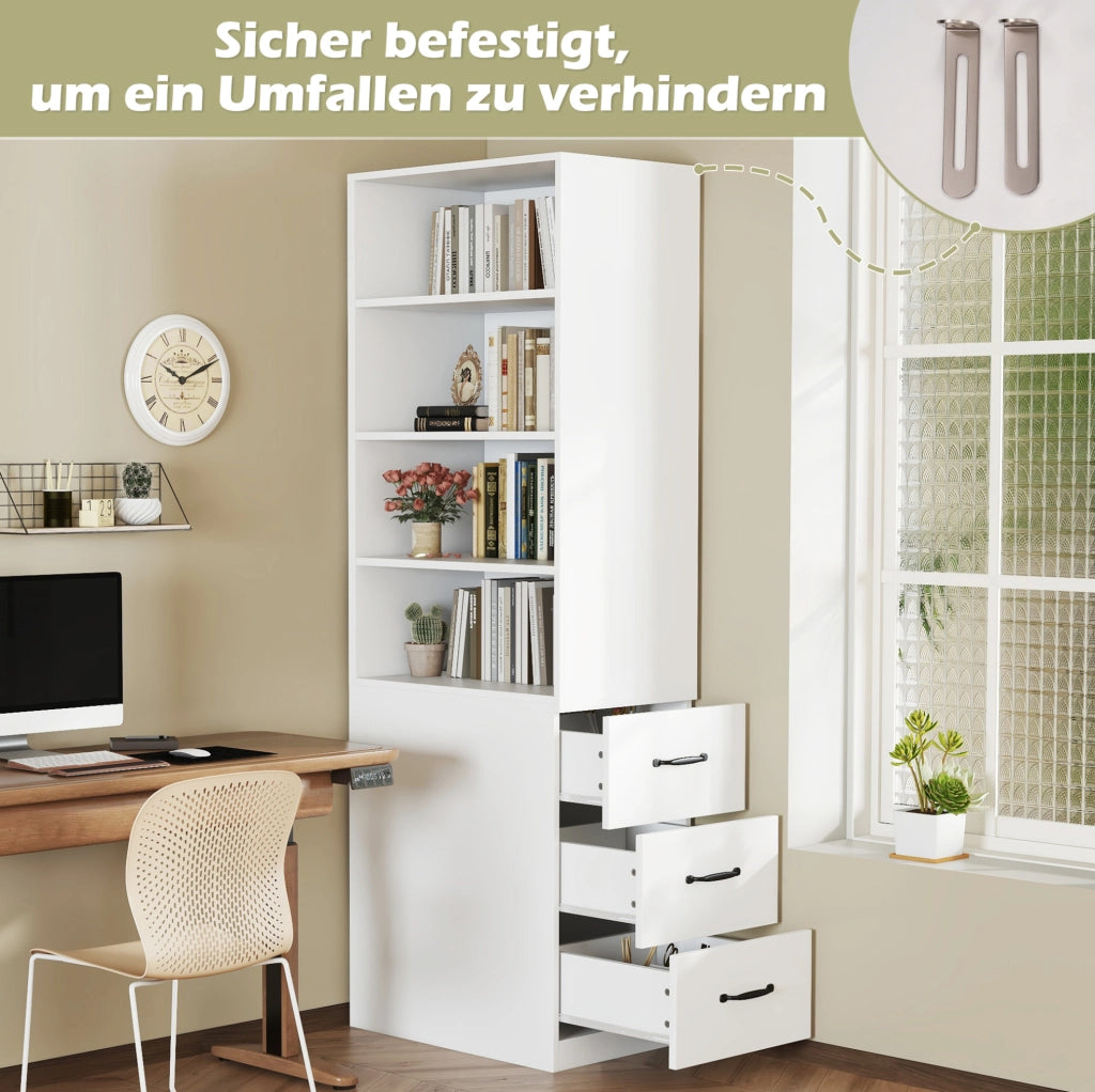 Libreria stretta 60x38x180 cm bianca con 3 cassetti laterali