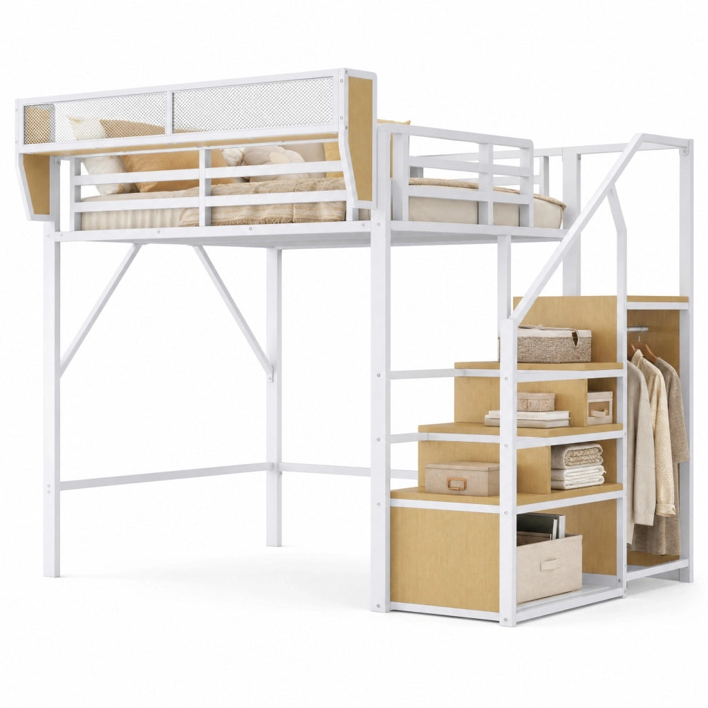 Letto a soppalco 140x200 cm in metallo con scaletta di sicurezza e ripiano modulabile, bianco