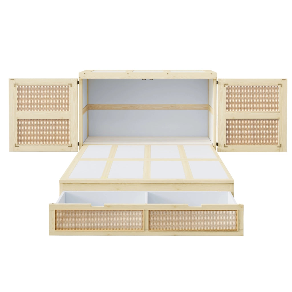 Letto a scomparsa 140x200 cm con rete a doghe, design in rattan e struttura in legno, con cassetti contenitori