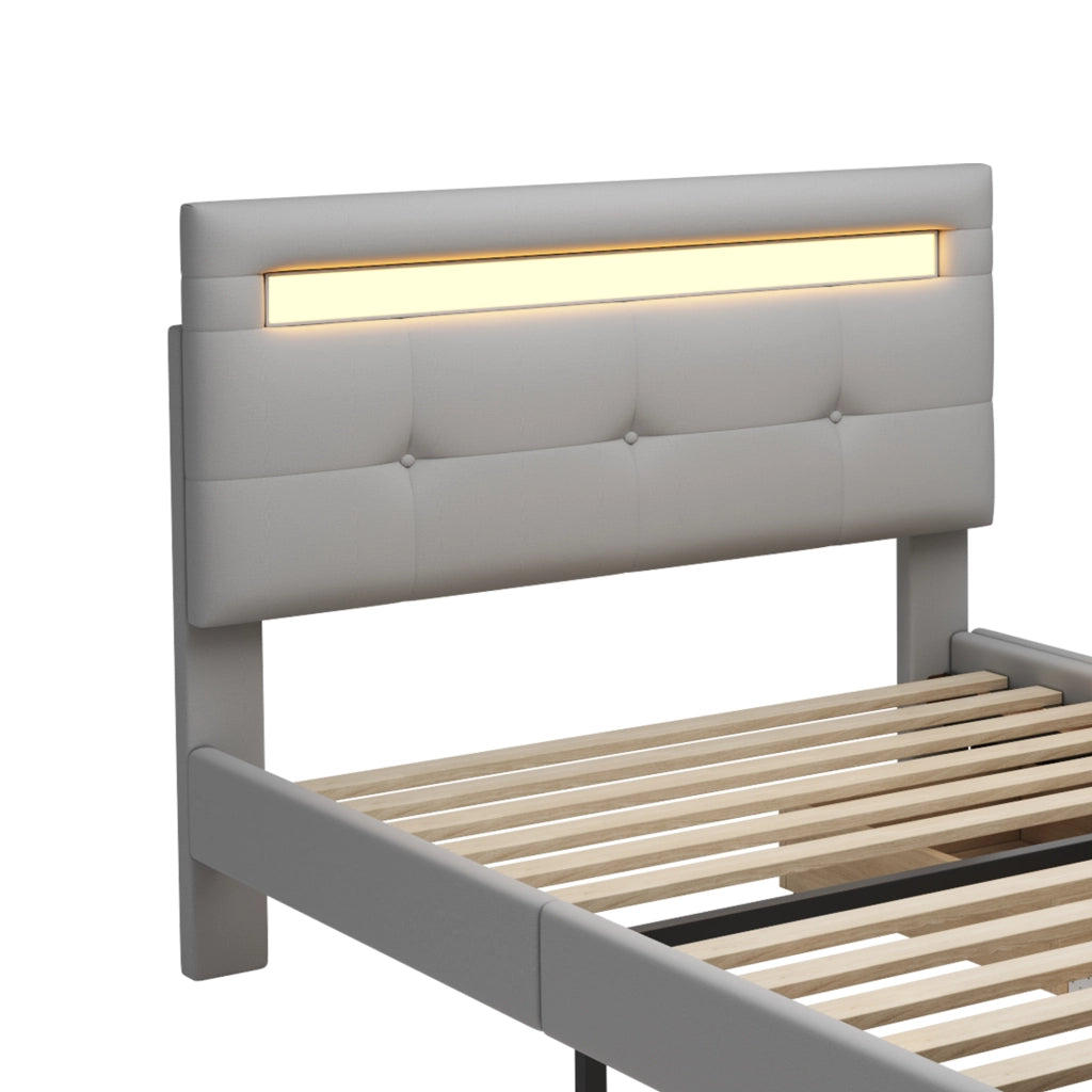 DESMIU Letto adulto 90 × 200 cm con 2 cassetti, LED, testiera regolabile, senza materasso, grigio