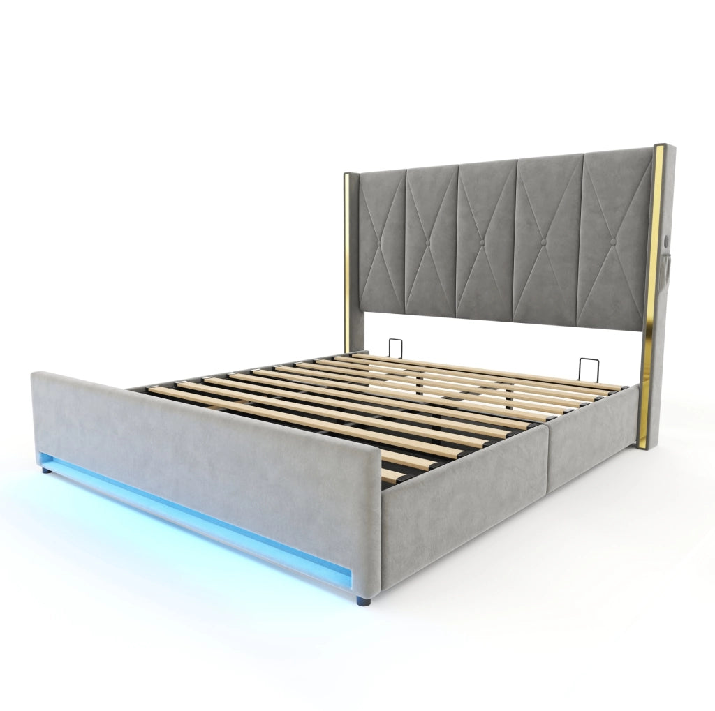 Letto matrimoniale contenitore 180x200 cm in velluto grigio scuro con testiera alta, USB, Type-C e LED