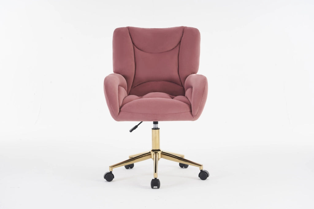 Sedia da ufficio regolabile in velluto rosa con base dorata e ruote girevoli 360°