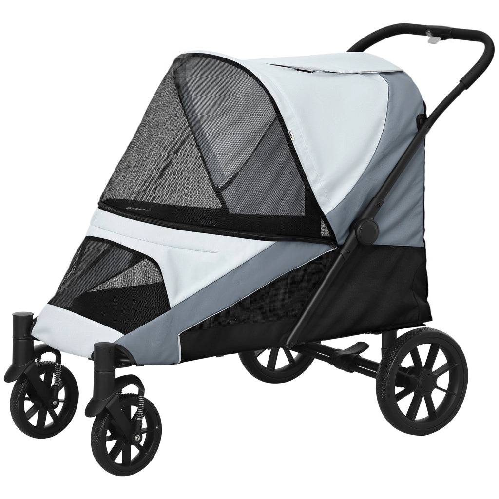 Passeggino per Cani Taglia Grande Pieghevole con Finestre a Rete, Cuscino e Guinzagli, 124x67x100 cm, Grigio