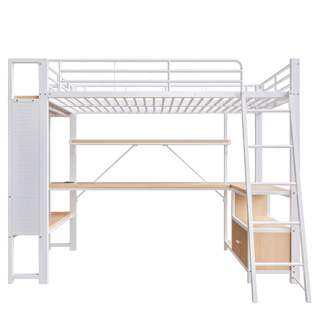 Letto a soppalco 90x200 cm in ferro con scrivania, LED, USB e ampi ripiani bianco
