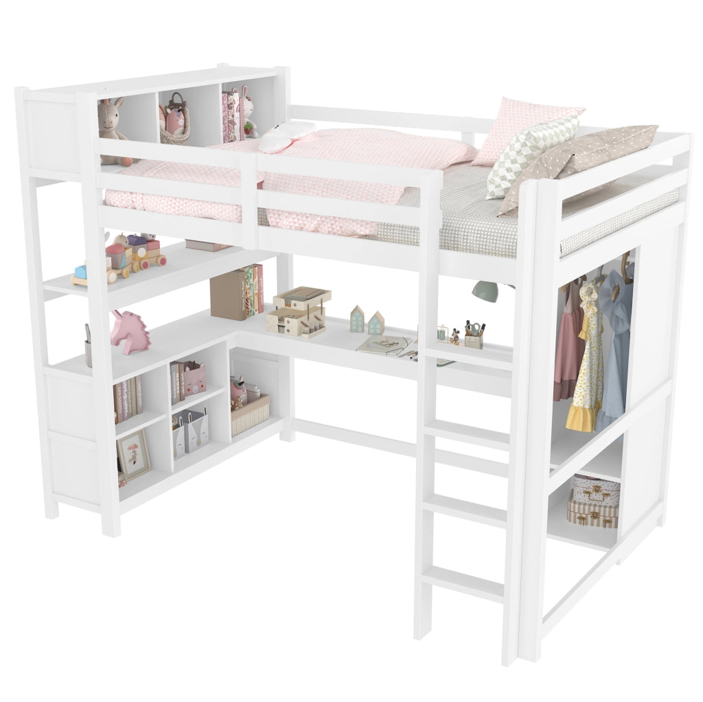 Letto a soppalco 140x200 cm bianco in pino con scrivania e contenitori