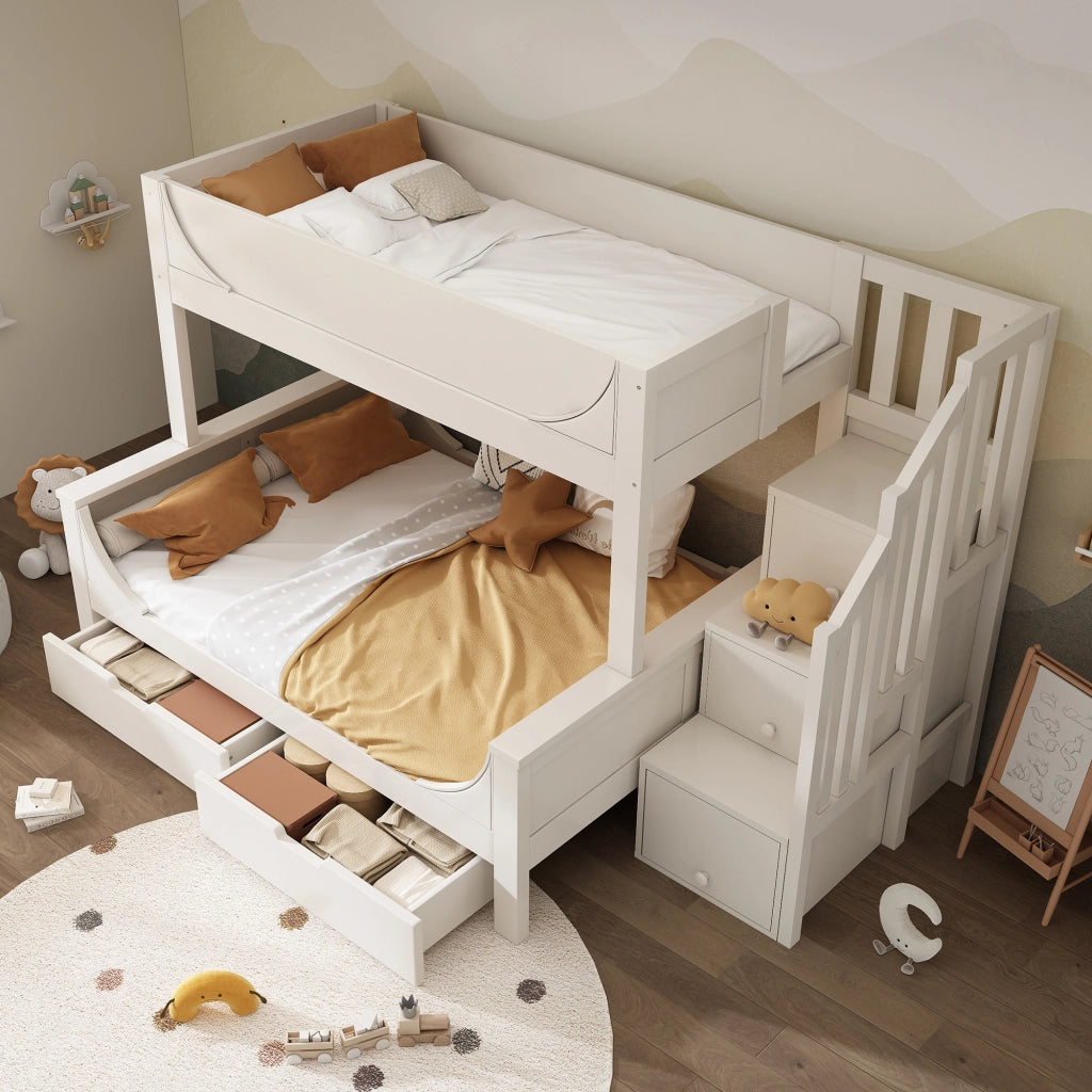 Letto a castello per bambini con armadio scala cassetti legno MDF e metallo bianco