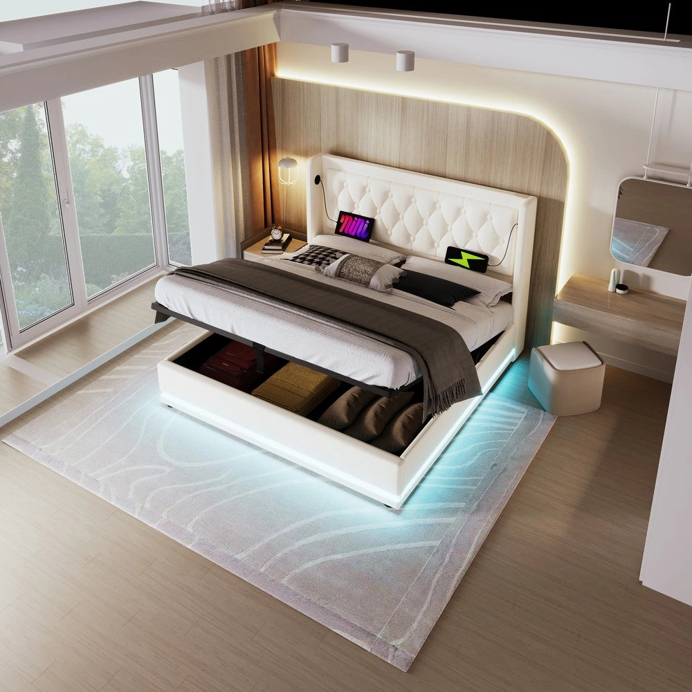 Letto Contenitore Imbottito Matrimoniale LED con USB ¨C MINIMAL ¨C Bianco, 140x200, Idraulico