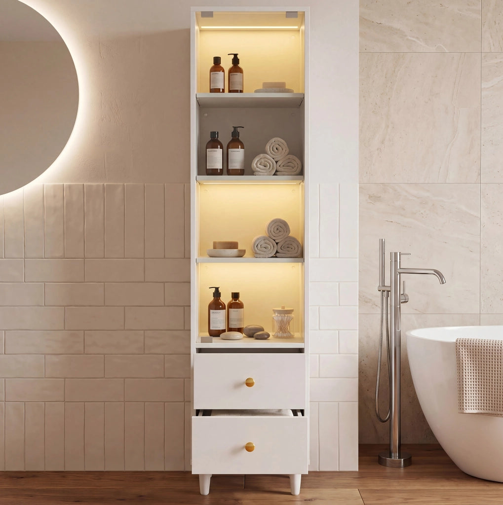 Vetrina moderna bianca con LED, 2 cassetti e ante in vetro, 165x40x35 cm, design con maniglie oro