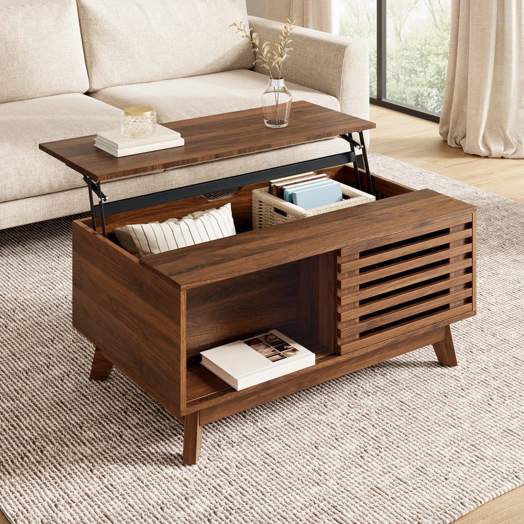 Tavolino basso alzabile con piano estensibile e anta scorrevole in MDF effetto noce per soggiorno 90 × 55 × 57.5 cm