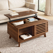 Tavolino basso alzabile con piano estensibile e anta scorrevole in MDF effetto noce per soggiorno 90 × 55 × 57.5 cm