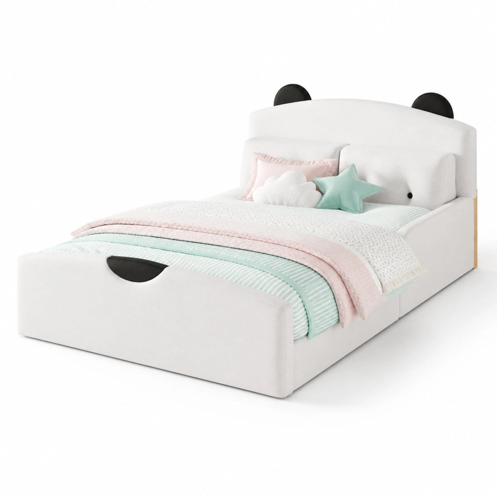 Letto a piattaforma 140 × 200 cm con testiera imbottita a orsetto in lino bianco e 2 cuscini decorativi