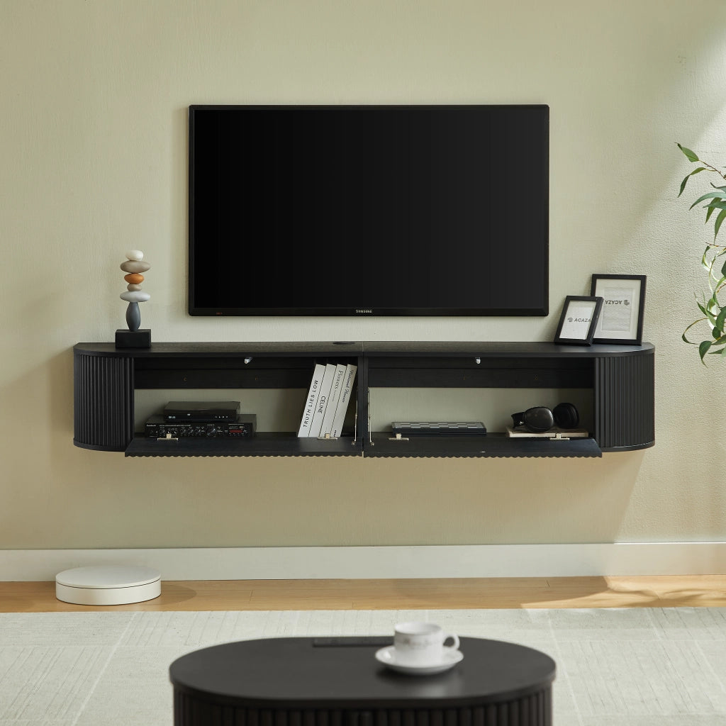 Mobile TV sospeso con passacavi e ante scanalate a chiusura ammortizzata nero 180 × 32 × 30 cm