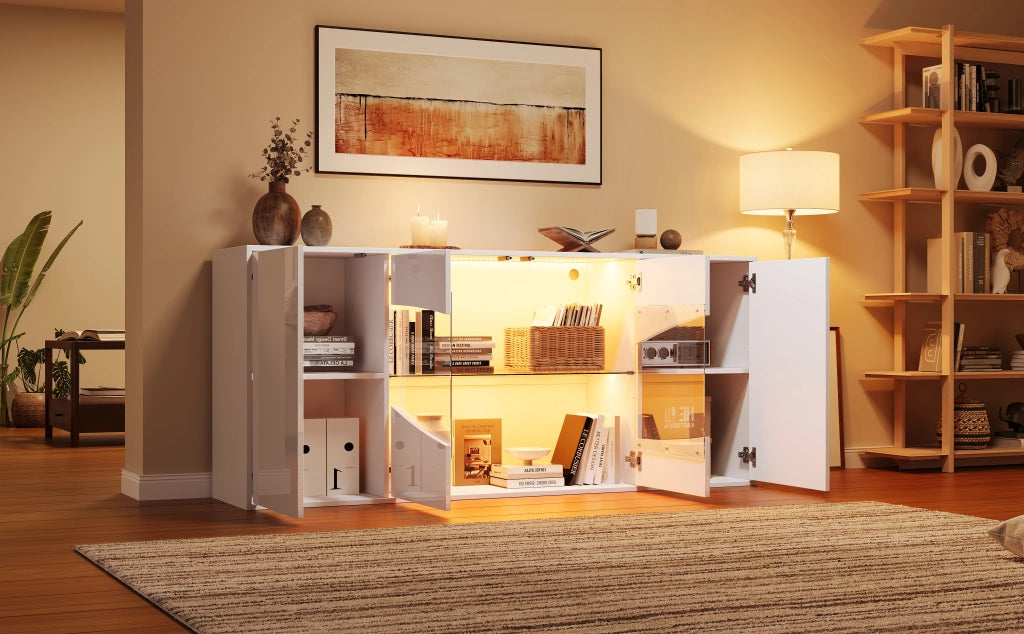 Credenza bianca lucida con illuminazione LED; 160 x 35 x 70 cm; quattro ante; MDF e vetro di sicurezza