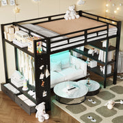 Letto a soppalco in metallo 140x200 nero con armadio aperto, ripiani, pannello forato e illuminazione LED