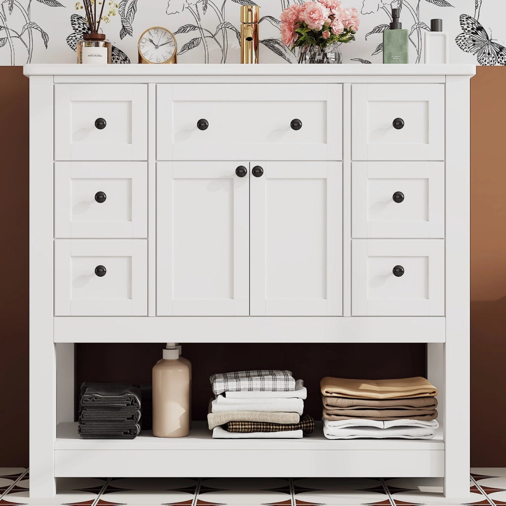 Mobile sottolavabo autoportante con lavabo in ceramica 6 cassetti anta doppia ripiano MDF bianco 91,5 × 46,5 × 90 cm