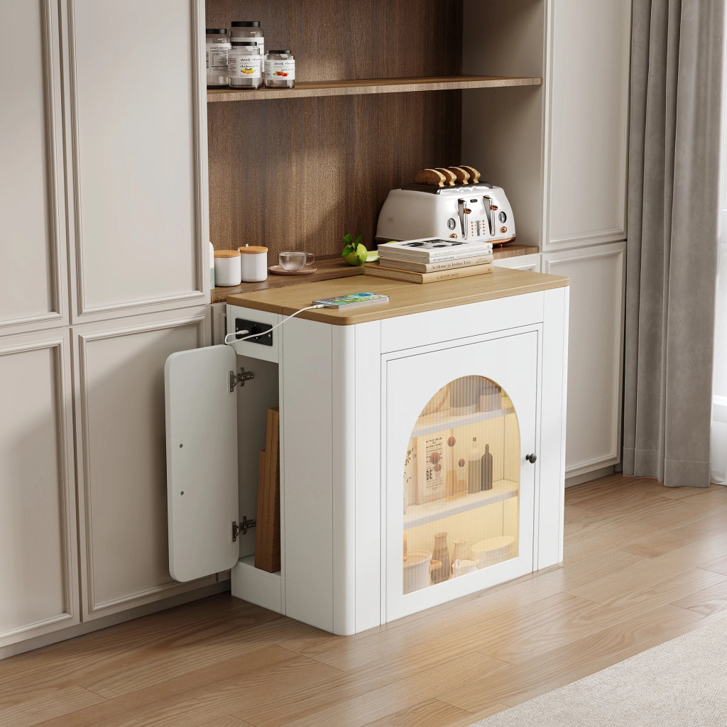 Tavolo allungabile con tre piani; ruote nascoste; prese USB e Type-C; MDF; naturale e bianco
