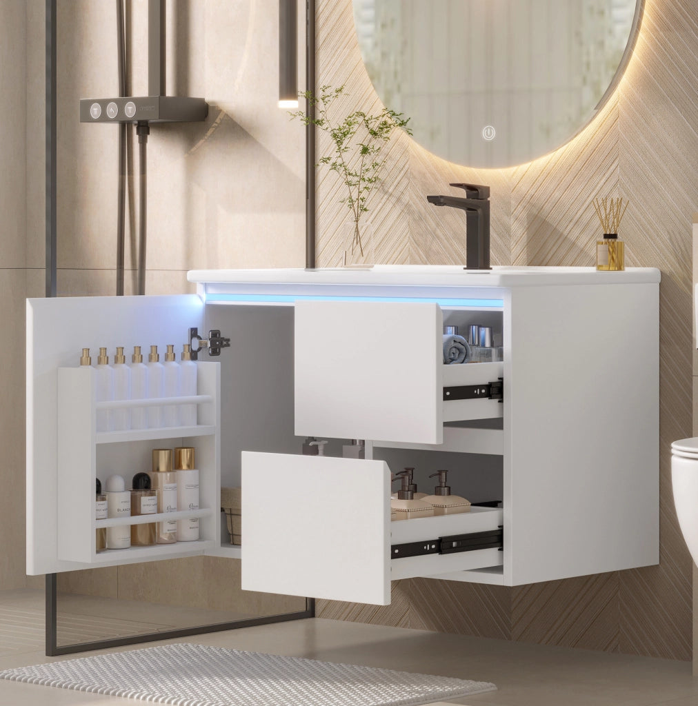 Mobile bagno sospeso 76x46x50 cm in MDF con lavabo in ceramica integrato, due cassetti silenziosi e luci LED a sensore radar, bianco