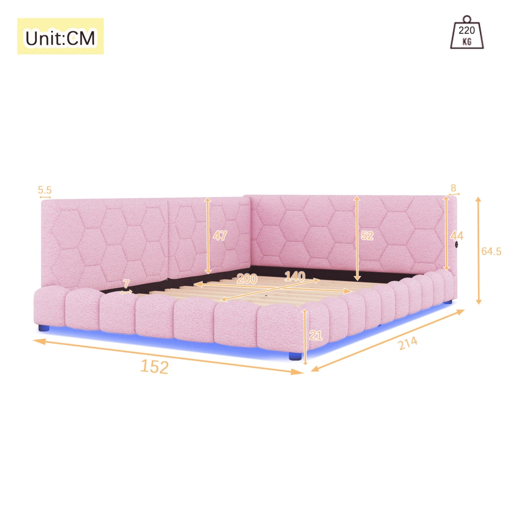 Letto da Giorno 140x200 cm in velluto con LED; USB-C Rosa