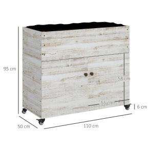 Fioriera alta in legno di abete 110x50x95 cm con vano armadietto, ruote e rivestimento in tessuto non tessuto, bianca