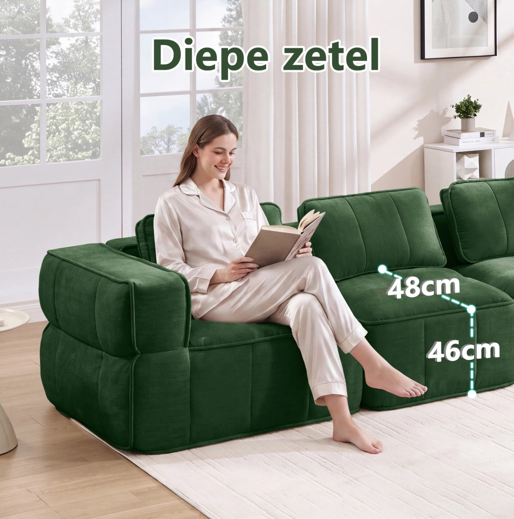 Divano modulare angolare a 2 posti con pouf, schiuma alta densità 32D, tessuto in poliestere verde, senza struttura